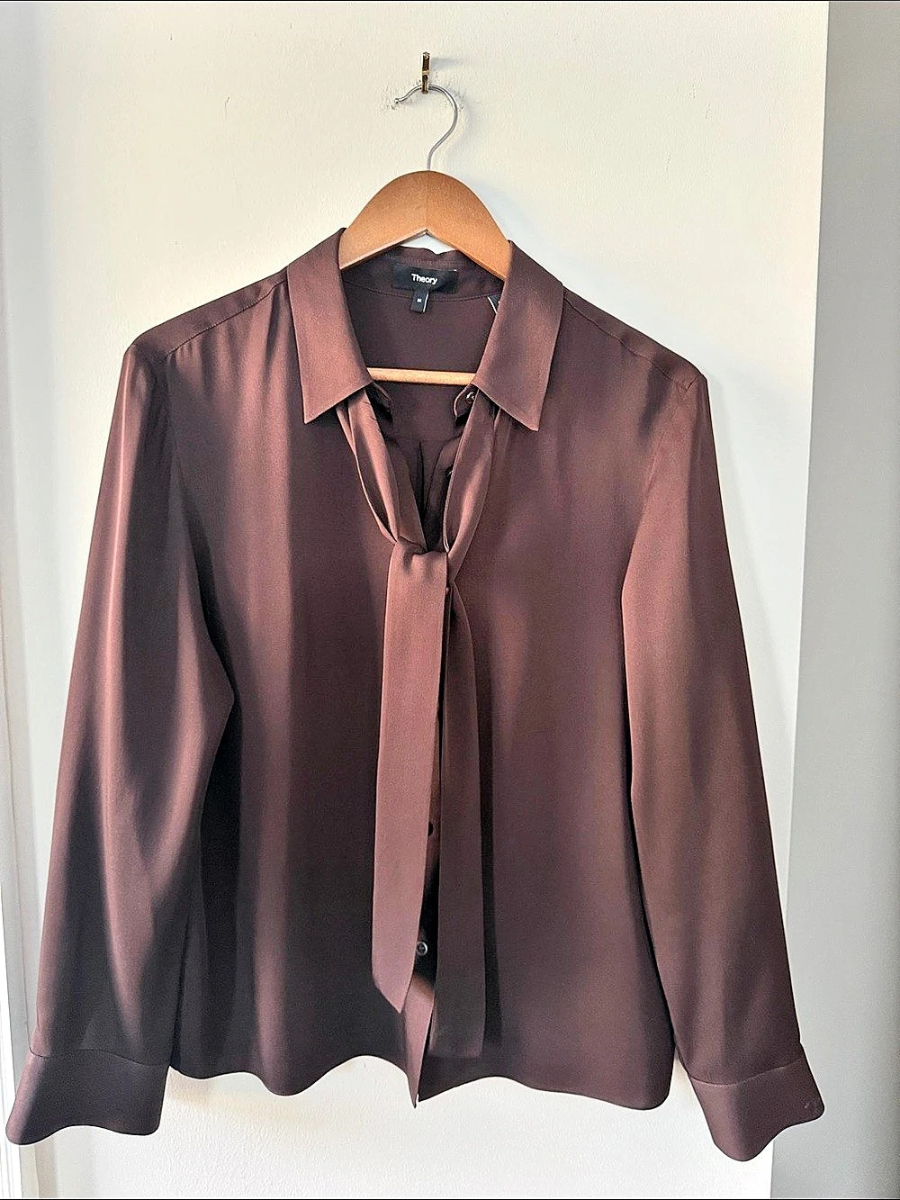 Theory Silk Georgette Tie-Neck Blouse Brown Medium